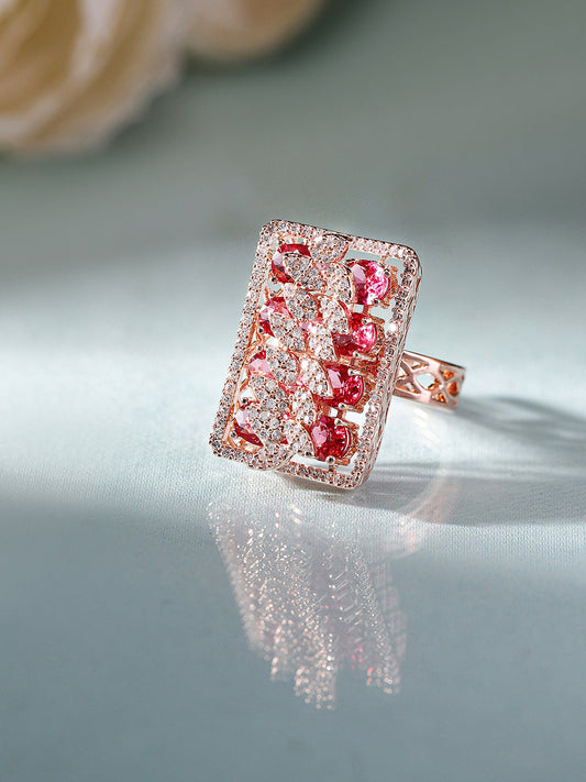 Luxury Rectangular Red Stone Pavé Ring in Rose Gold – Bold Statement Cocktail Ring for Women
