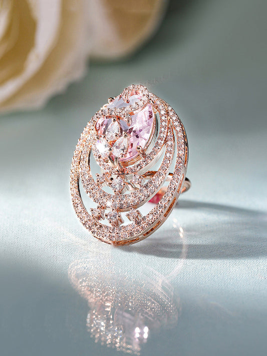 Luxury Oval Swirl Pink Stone Ring in Rose Gold – Pavé Statement Cocktail Ring for Women