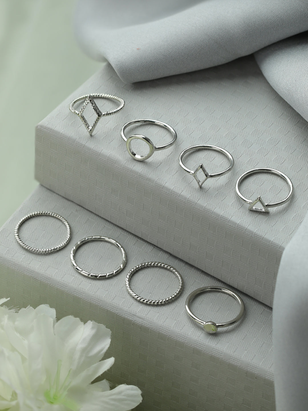 Minimalist Silver Ring Set for Women – Geometric & Stackable Adjustable Rings (Set of 8)