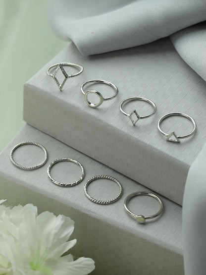 Minimalist Silver Ring Set for Women – Geometric & Stackable Adjustable Rings (Set of 8)