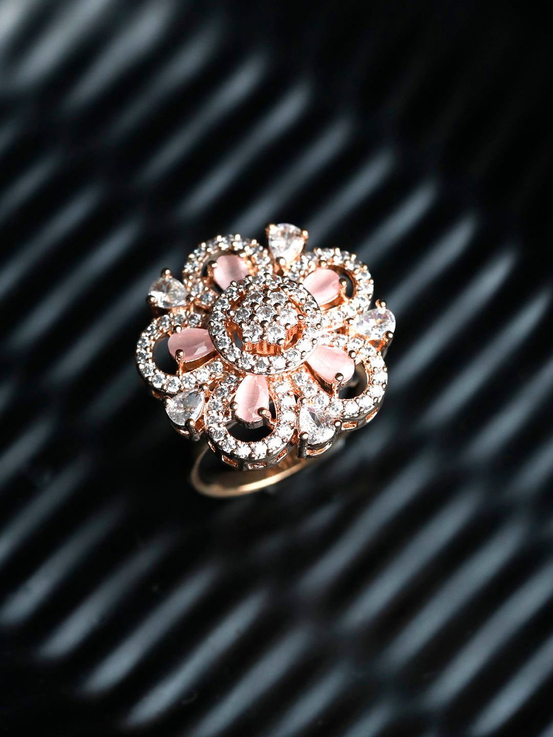 Luxury Floral Pavé Ring in Rose Gold – Elegant Statement Cocktail Ring for Women