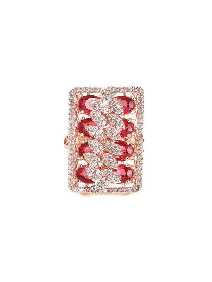 Luxury Rectangular Red Stone Pavé Ring in Rose Gold – Bold Statement Cocktail Ring for Women
