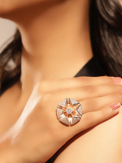 Luxury Starburst Floral Ring in Rose Gold – Pavé Diamond Style Statement Ring for Women