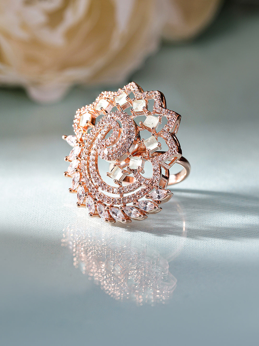 Luxury Floral Spiral Ring in Rose Gold – Pavé Statement Cocktail Ring for Women