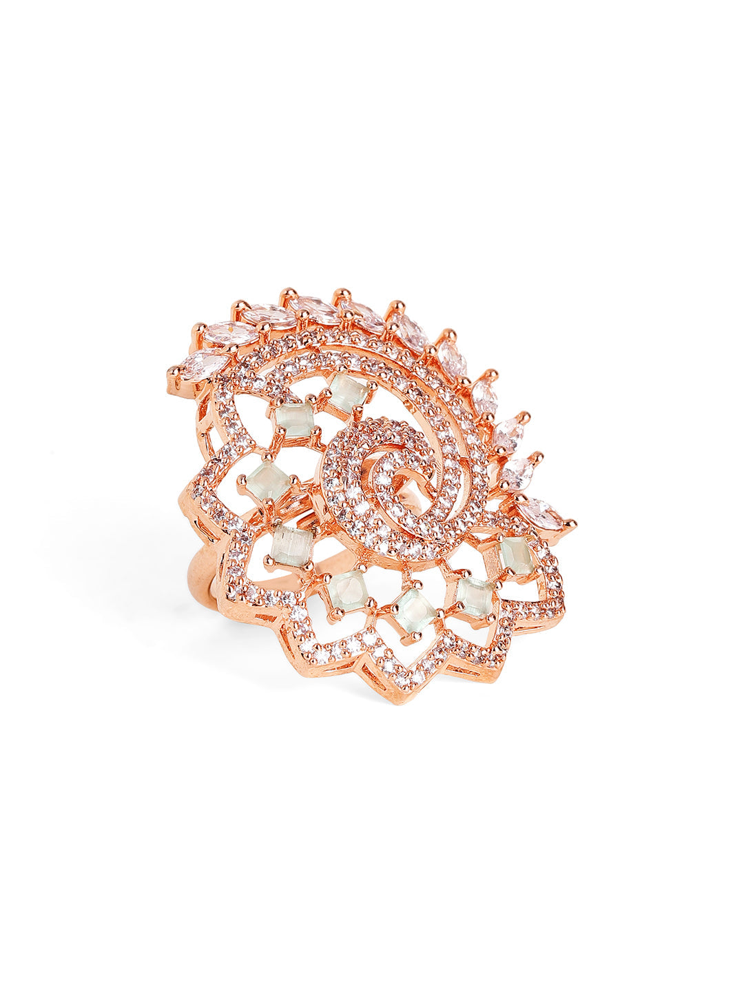 Luxury Floral Spiral Ring in Rose Gold – Pavé Statement Cocktail Ring for Women