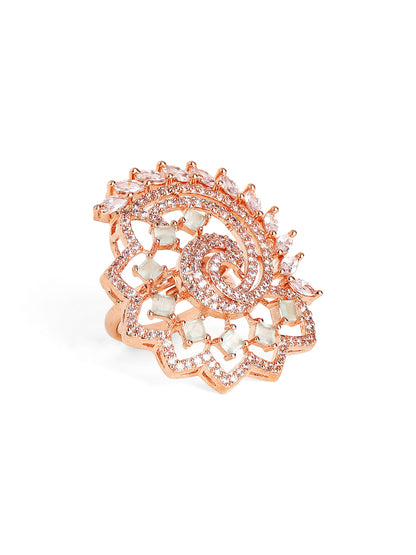 Luxury Floral Spiral Ring in Rose Gold – Pavé Statement Cocktail Ring for Women