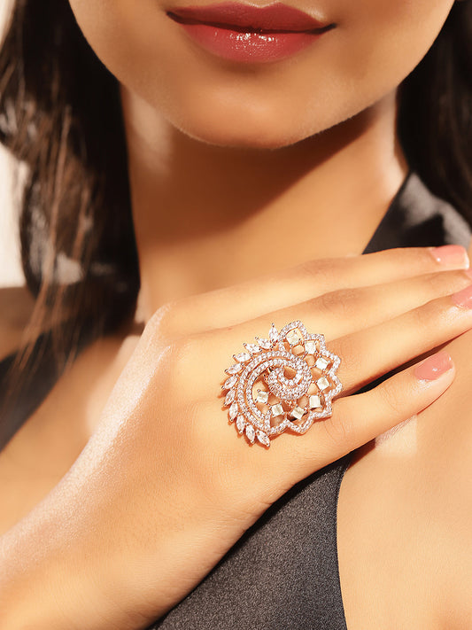 Luxury Floral Spiral Ring in Rose Gold – Pavé Statement Cocktail Ring for Women