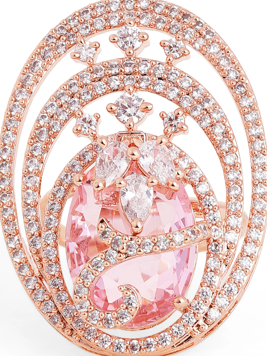 Luxury Oval Swirl Pink Stone Ring in Rose Gold – Pavé Statement Cocktail Ring for Women