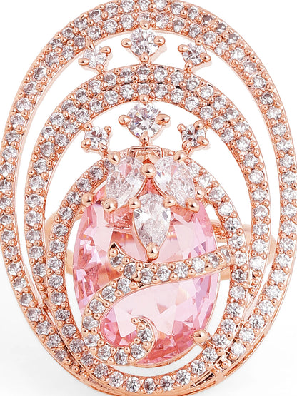 Luxury Oval Swirl Pink Stone Ring in Rose Gold – Pavé Statement Cocktail Ring for Women