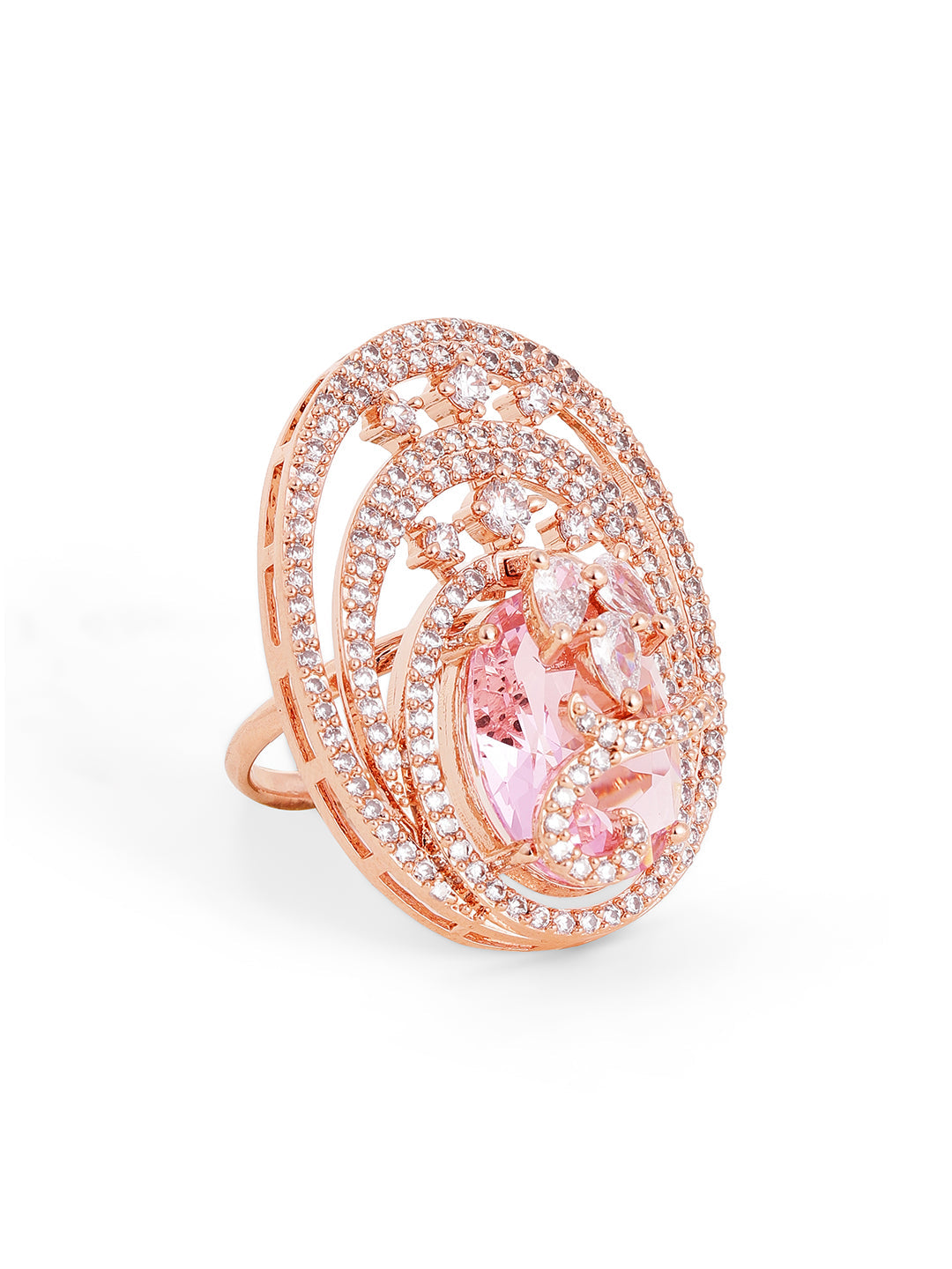Luxury Oval Swirl Pink Stone Ring in Rose Gold – Pavé Statement Cocktail Ring for Women