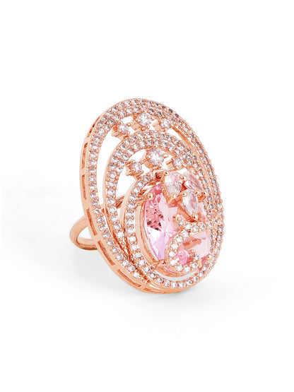 Luxury Oval Swirl Pink Stone Ring in Rose Gold – Pavé Statement Cocktail Ring for Women